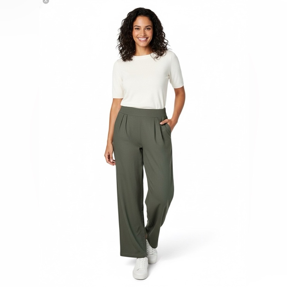 CI SONO Linen Blend Olive Green Wide Leg High Rise Trousers Pull On Style Sz XL